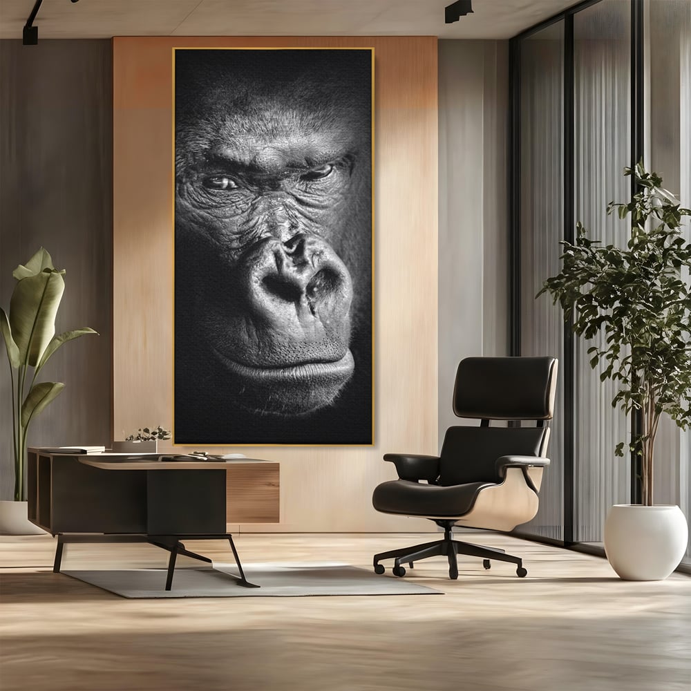 Leinwandbilder Premium, LuxCanva® M1325, Urteil im Schatten, Gorilla, Porträt, schwarz-weiß, Primat, Primaten, Blick, Wildtiere, Tiere, dunkel, realistisch, Büro, Wohnzimmer, Kinderzimmer
