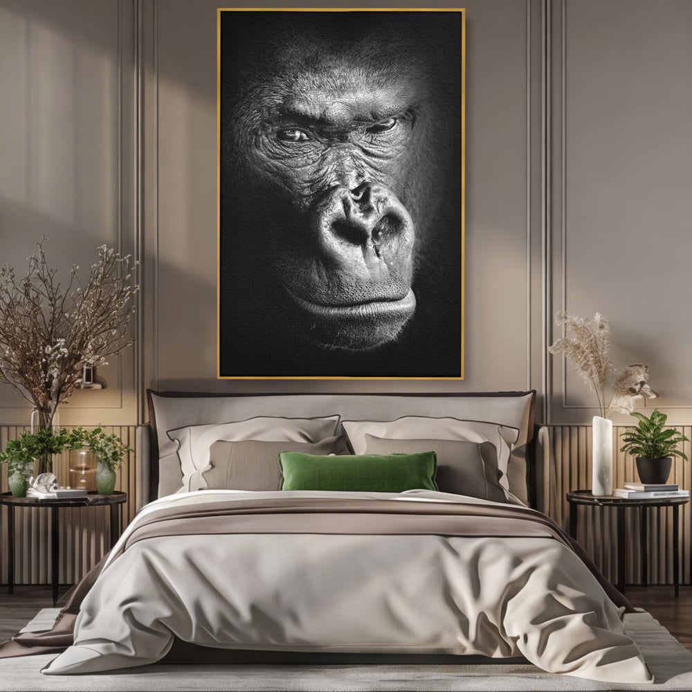 Leinwandbilder Premium, LuxCanva® M1325, Urteil im Schatten, Gorilla, Porträt, schwarz-weiß, Primat, Primaten, Blick, Wildtiere, Tiere, dunkel, realistisch, Büro, Wohnzimmer, Kinderzimmer