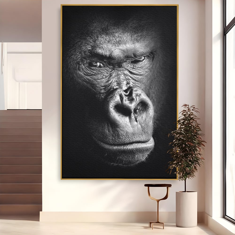Leinwandbilder Premium, LuxCanva® M1325, Urteil im Schatten, Gorilla, Porträt, schwarz-weiß, Primat, Primaten, Blick, Wildtiere, Tiere, dunkel, realistisch, Büro, Wohnzimmer, Kinderzimmer