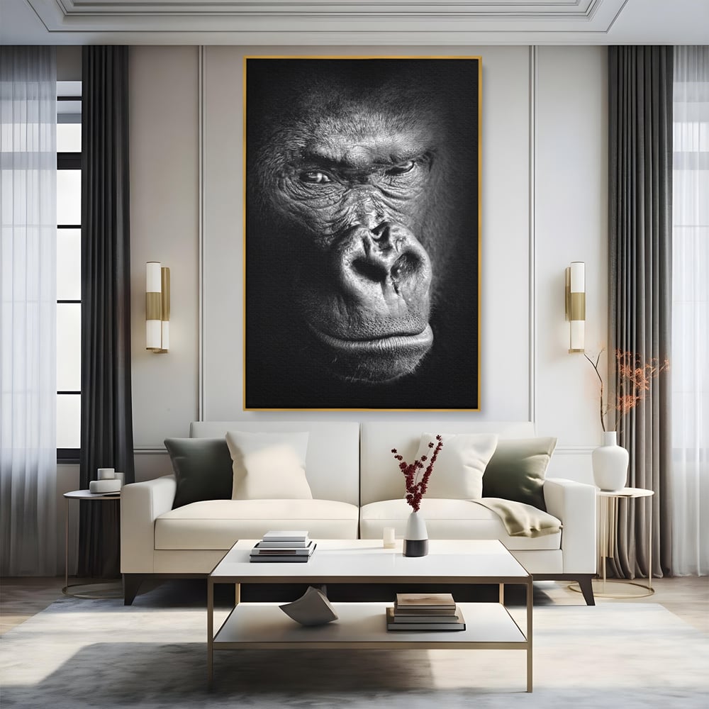 Leinwandbilder Premium, LuxCanva® M1325, Urteil im Schatten, Gorilla, Porträt, schwarz-weiß, Primat, Primaten, Blick, Wildtiere, Tiere, dunkel, realistisch, Büro, Wohnzimmer, Kinderzimmer