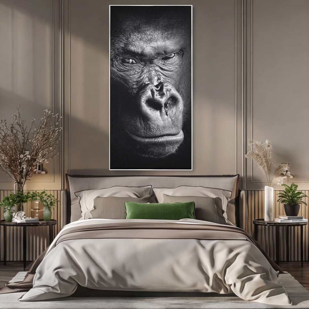 Leinwandbilder Premium, LuxCanva® M1325, Urteil im Schatten, Gorilla, Porträt, schwarz-weiß, Primat, Primaten, Blick, Wildtiere, Tiere, dunkel, realistisch, Büro, Wohnzimmer, Kinderzimmer