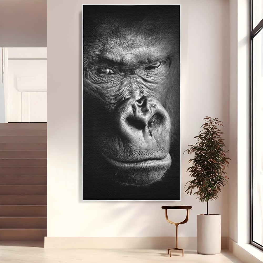 Leinwandbilder Premium, LuxCanva® M1325, Urteil im Schatten, Gorilla, Porträt, schwarz-weiß, Primat, Primaten, Blick, Wildtiere, Tiere, dunkel, realistisch, Büro, Wohnzimmer, Kinderzimmer