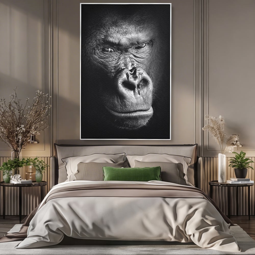 Leinwandbilder Premium, LuxCanva® M1325, Urteil im Schatten, Gorilla, Porträt, schwarz-weiß, Primat, Primaten, Blick, Wildtiere, Tiere, dunkel, realistisch, Büro, Wohnzimmer, Kinderzimmer