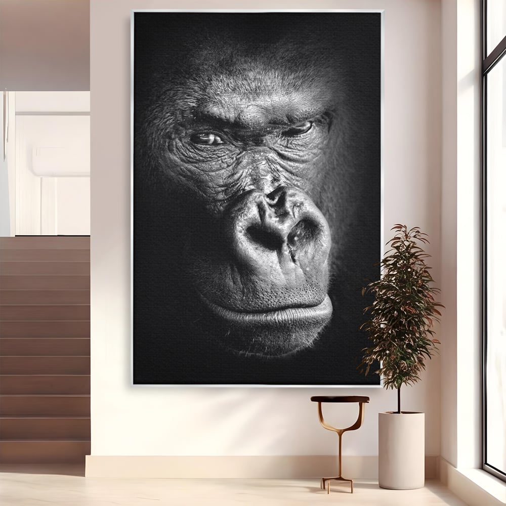 Leinwandbilder Premium, LuxCanva® M1325, Urteil im Schatten, Gorilla, Porträt, schwarz-weiß, Primat, Primaten, Blick, Wildtiere, Tiere, dunkel, realistisch, Büro, Wohnzimmer, Kinderzimmer