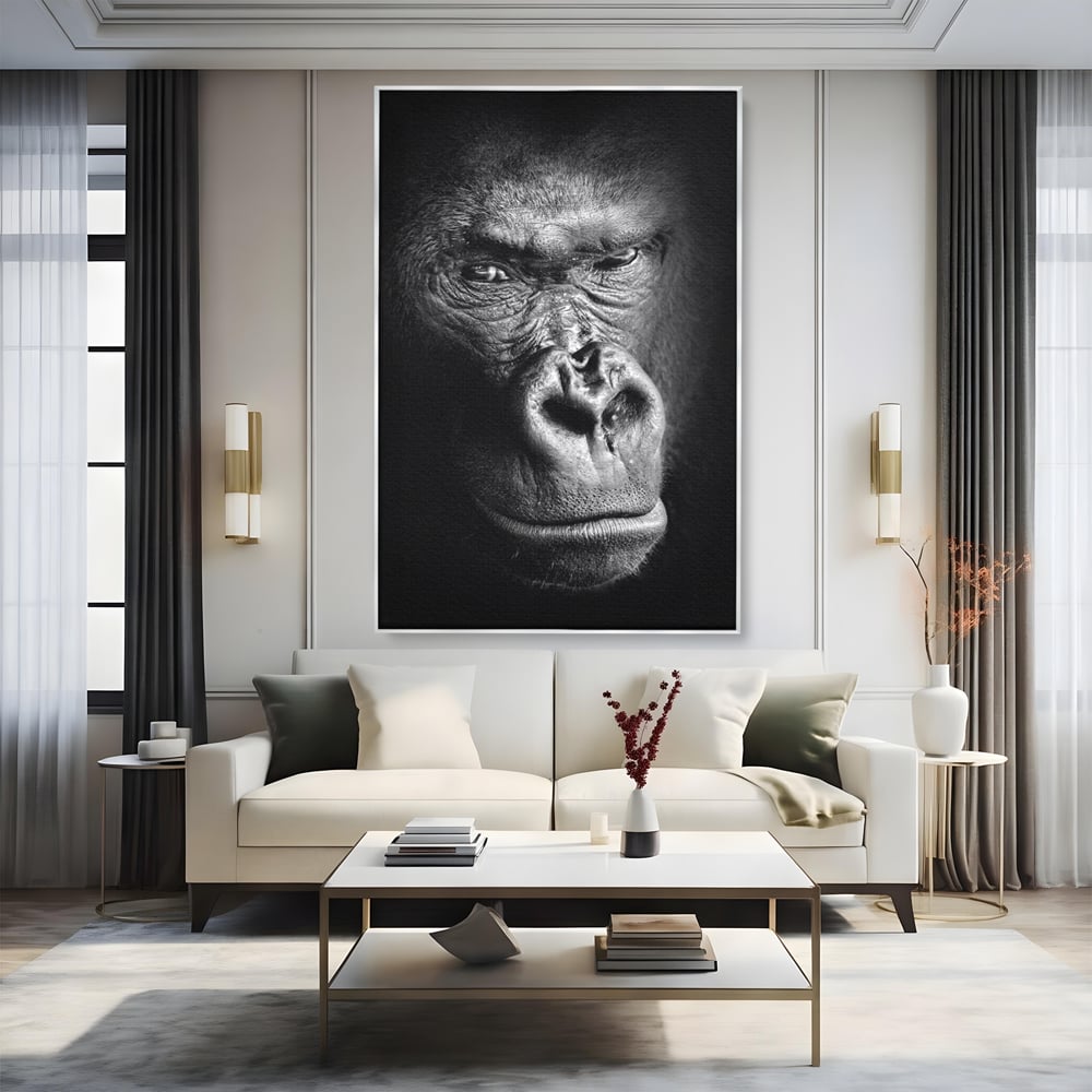 Leinwandbilder Premium, LuxCanva® M1325, Urteil im Schatten, Gorilla, Porträt, schwarz-weiß, Primat, Primaten, Blick, Wildtiere, Tiere, dunkel, realistisch, Büro, Wohnzimmer, Kinderzimmer