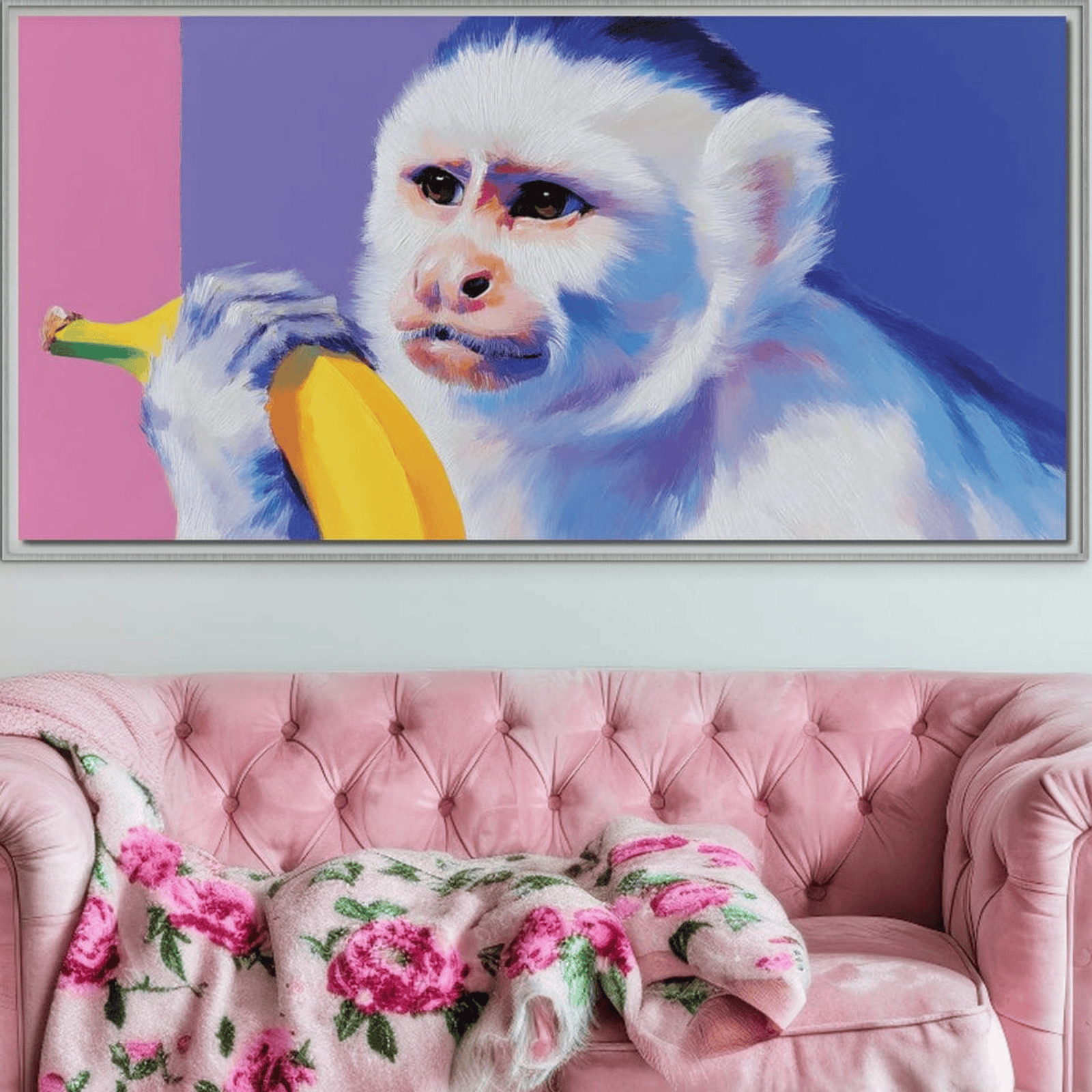 Leinwand Premium Canvas Wandkunst, LuxCanva® M1326, Affe mit Geschmack, Banane, Obst, Pastell, Affe, Pop Art, Urban, Funky, Abstrakt, Primat, Tier, Wild, Büro, Wohnen, Kinderzimmer