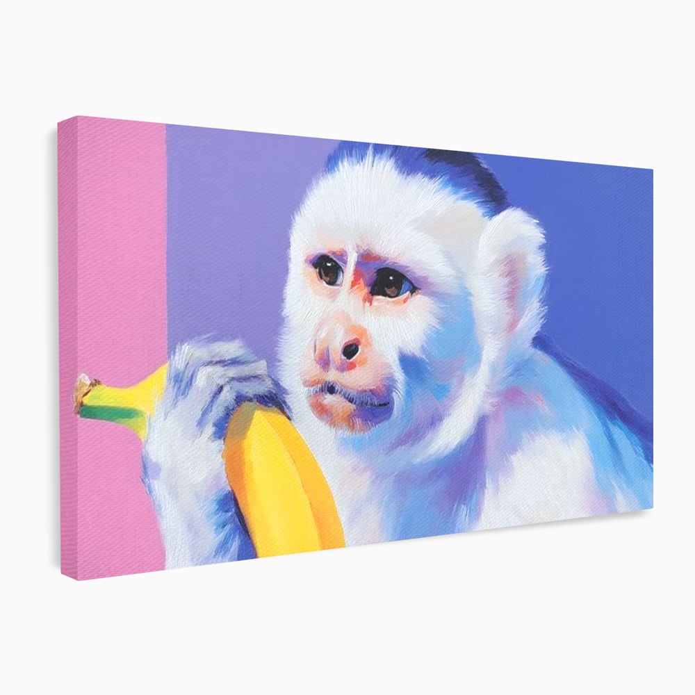 Tablou Canvas Premium, LuxCanva® M1326, Maimutica cu Gust, Banana, Fruct, Pastel, Maimuta, Pop Art, Urban, Funky, Abstract, Primata, Animal, Salbaticie, Birou, Living, Camera Copil