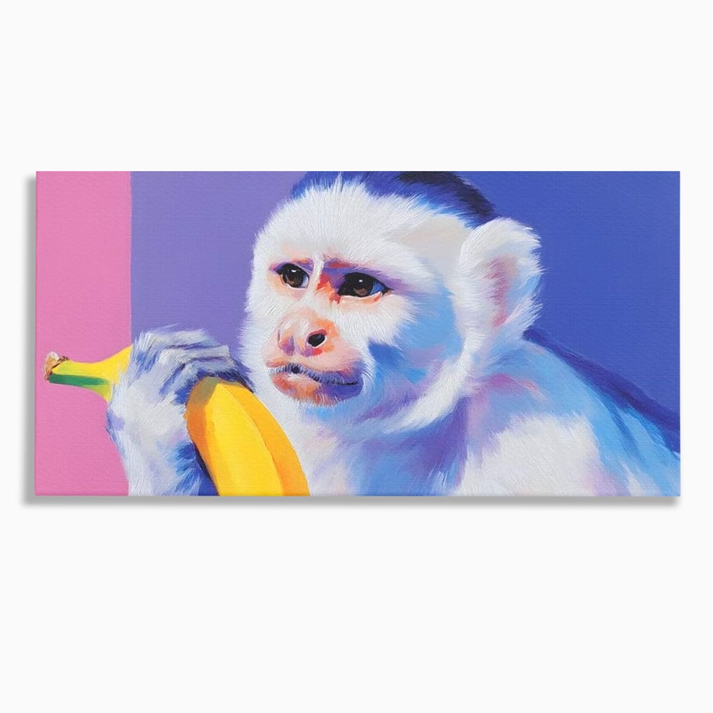 Tablou Canvas Premium, LuxCanva® M1326, Maimutica cu Gust, Banana, Fruct, Pastel, Maimuta, Pop Art, Urban, Funky, Abstract, Primata, Animal, Salbaticie, Birou, Living, Camera Copil