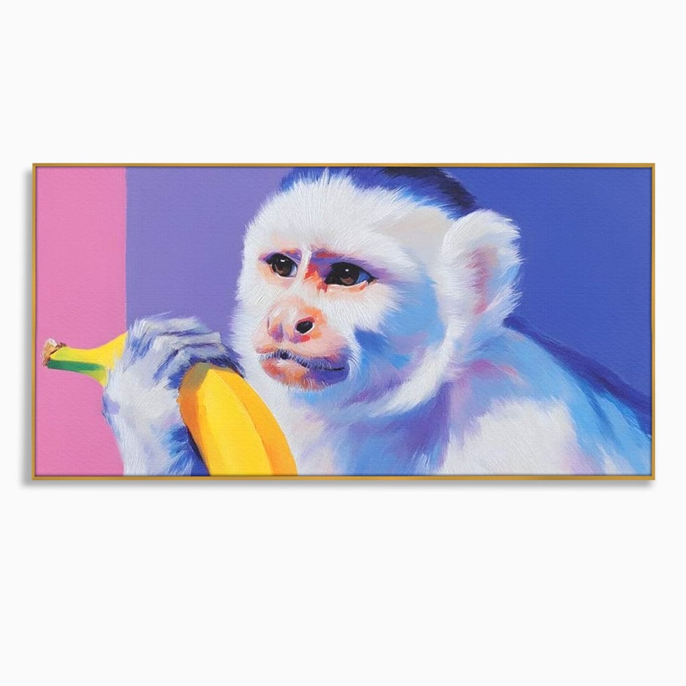 Tablou Canvas Premium, LuxCanva® M1326, Maimutica cu Gust, Banana, Fruct, Pastel, Maimuta, Pop Art, Urban, Funky, Abstract, Primata, Animal, Salbaticie, Birou, Living, Camera Copil