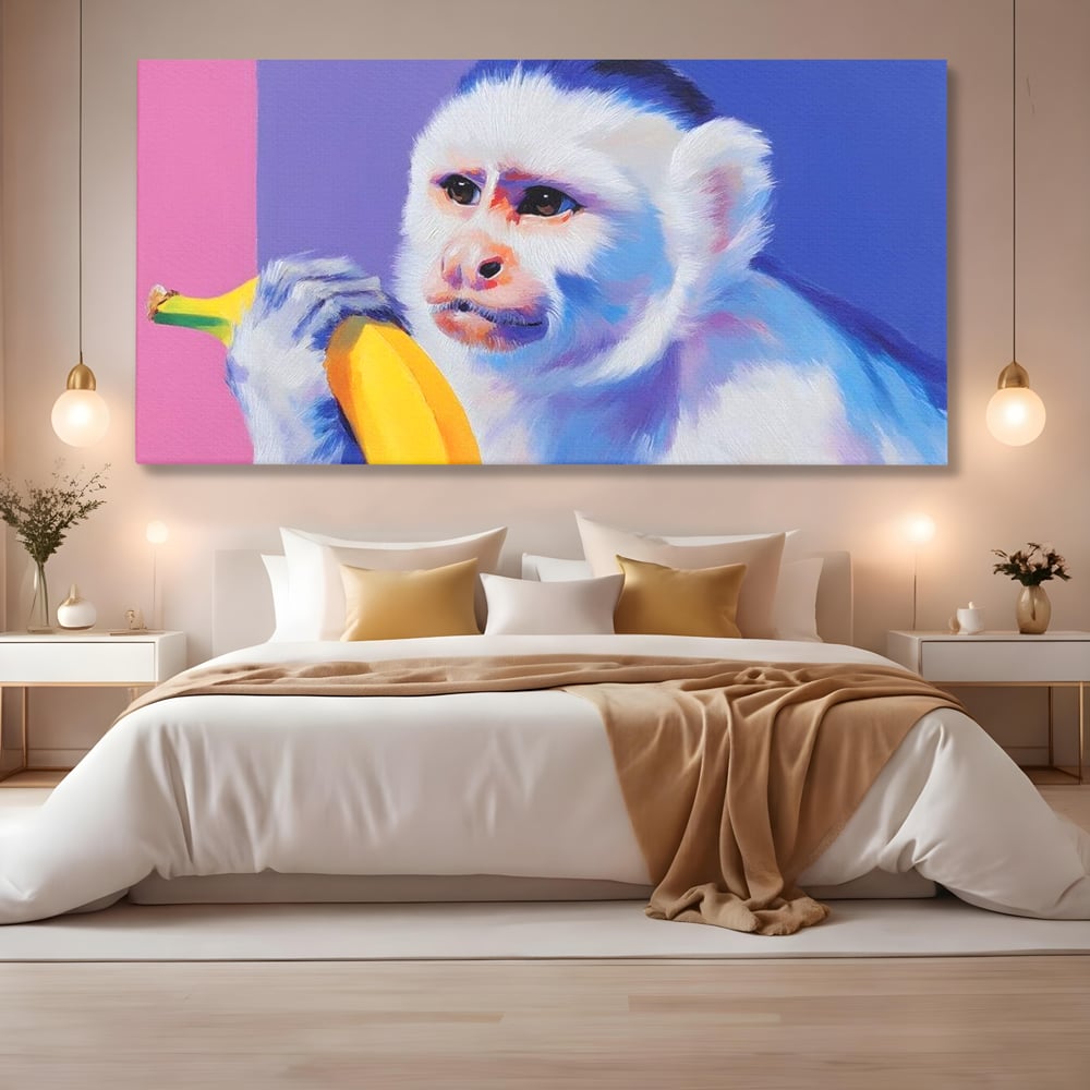 Tablou Canvas Premium, LuxCanva® M1326, Maimutica cu Gust, Banana, Fruct, Pastel, Maimuta, Pop Art, Urban, Funky, Abstract, Primata, Animal, Salbaticie, Birou, Living, Camera Copil