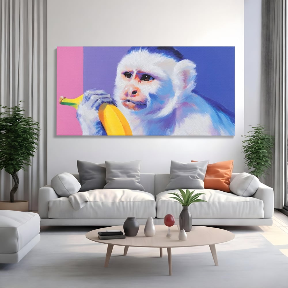 Tablou Canvas Premium, LuxCanva® M1326, Maimutica cu Gust, Banana, Fruct, Pastel, Maimuta, Pop Art, Urban, Funky, Abstract, Primata, Animal, Salbaticie, Birou, Living, Camera Copil
