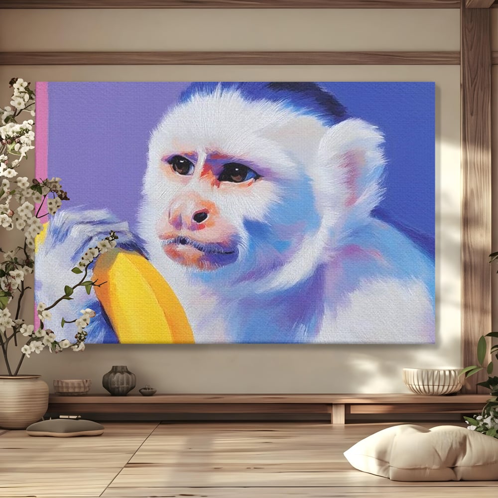 Tablou Canvas Premium, LuxCanva® M1326, Maimutica cu Gust, Banana, Fruct, Pastel, Maimuta, Pop Art, Urban, Funky, Abstract, Primata, Animal, Salbaticie, Birou, Living, Camera Copil