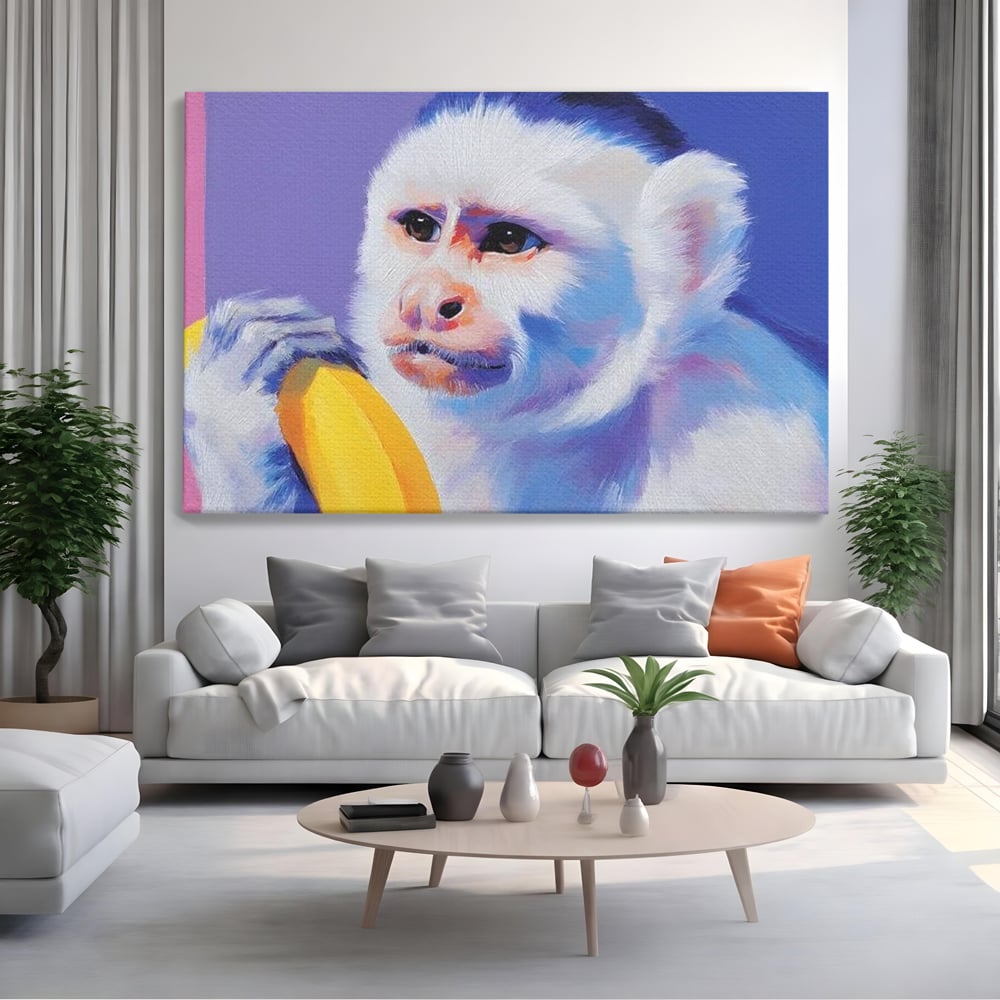 Tablou Canvas Premium, LuxCanva® M1326, Maimutica cu Gust, Banana, Fruct, Pastel, Maimuta, Pop Art, Urban, Funky, Abstract, Primata, Animal, Salbaticie, Birou, Living, Camera Copil