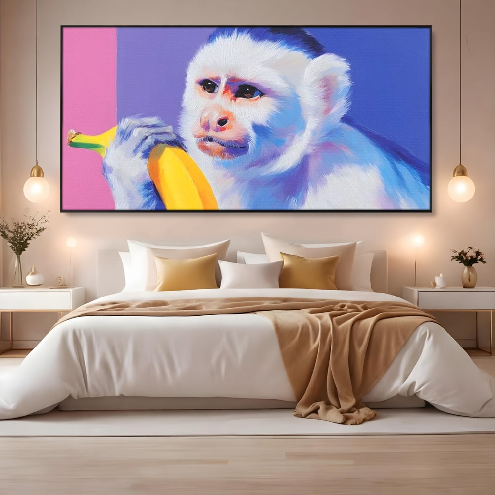 Tablou Canvas Premium, LuxCanva® M1326, Maimutica cu Gust, Banana, Fruct, Pastel, Maimuta, Pop Art, Urban, Funky, Abstract, Primata, Animal, Salbaticie, Birou, Living, Camera Copil