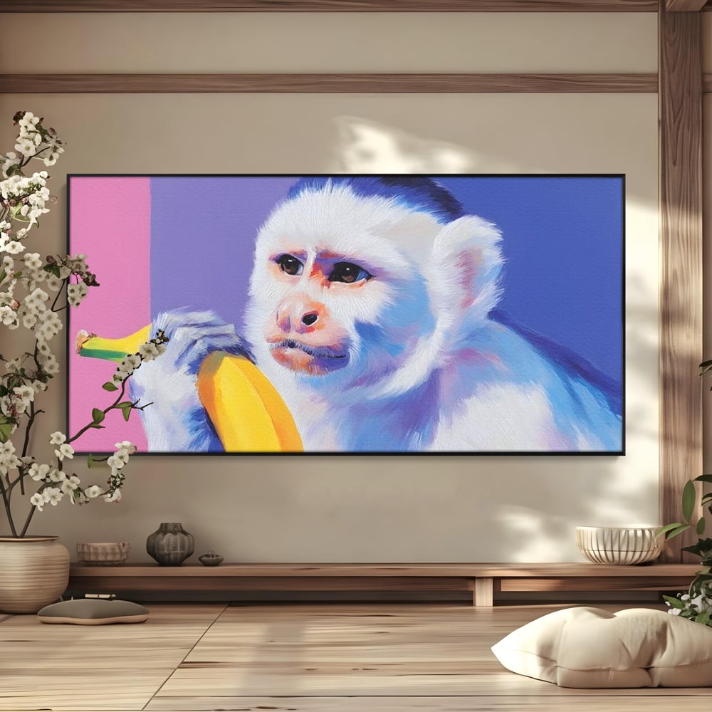 Tablou Canvas Premium, LuxCanva® M1326, Maimutica cu Gust, Banana, Fruct, Pastel, Maimuta, Pop Art, Urban, Funky, Abstract, Primata, Animal, Salbaticie, Birou, Living, Camera Copil