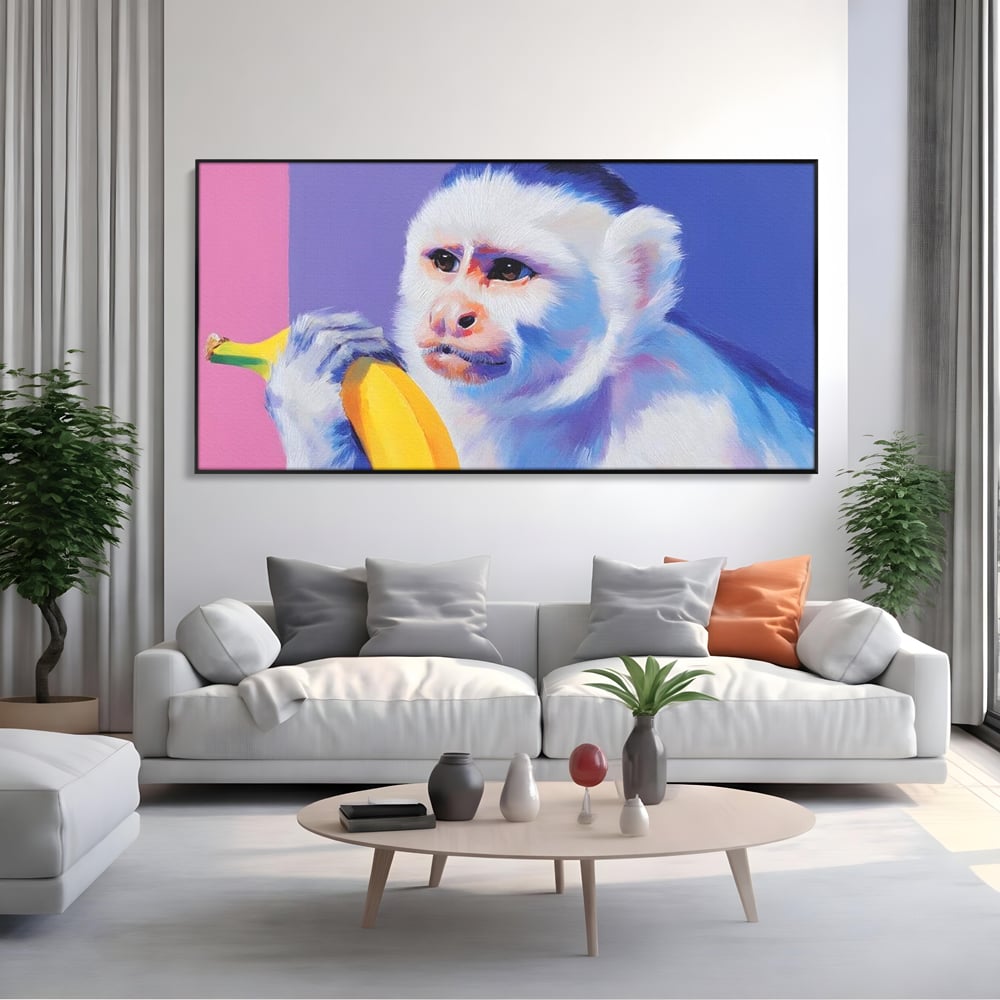 Tablou Canvas Premium, LuxCanva® M1326, Maimutica cu Gust, Banana, Fruct, Pastel, Maimuta, Pop Art, Urban, Funky, Abstract, Primata, Animal, Salbaticie, Birou, Living, Camera Copil