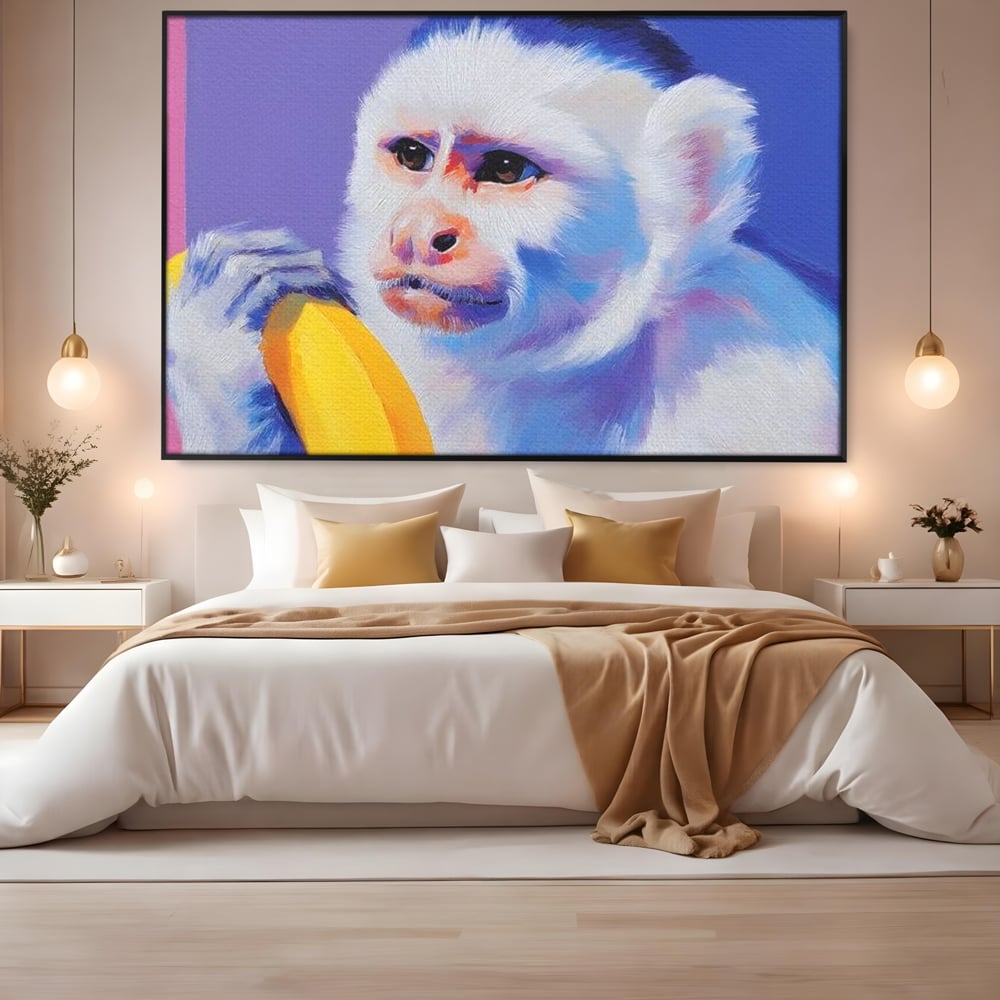 Tablou Canvas Premium, LuxCanva® M1326, Maimutica cu Gust, Banana, Fruct, Pastel, Maimuta, Pop Art, Urban, Funky, Abstract, Primata, Animal, Salbaticie, Birou, Living, Camera Copil