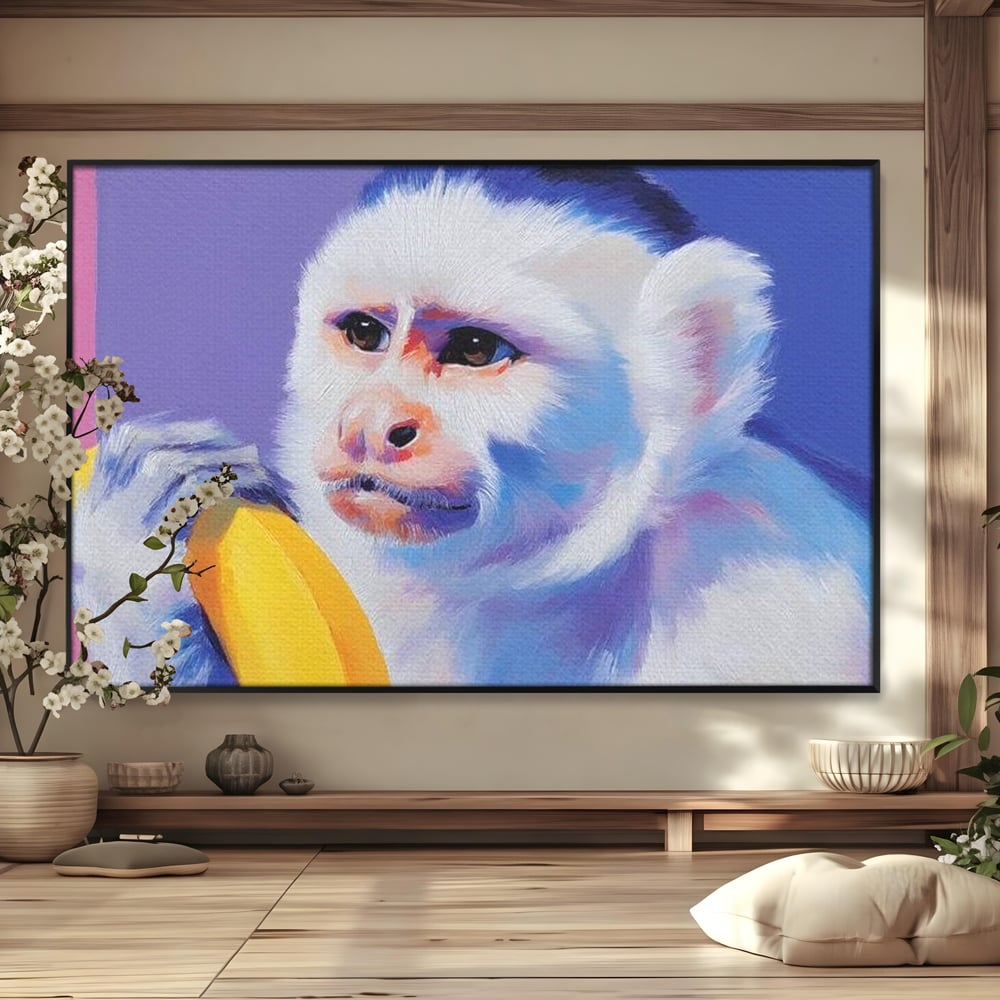 Tablou Canvas Premium, LuxCanva® M1326, Maimutica cu Gust, Banana, Fruct, Pastel, Maimuta, Pop Art, Urban, Funky, Abstract, Primata, Animal, Salbaticie, Birou, Living, Camera Copil