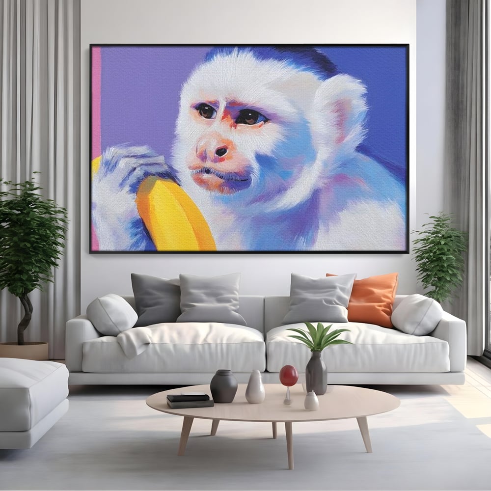 Tablou Canvas Premium, LuxCanva® M1326, Maimutica cu Gust, Banana, Fruct, Pastel, Maimuta, Pop Art, Urban, Funky, Abstract, Primata, Animal, Salbaticie, Birou, Living, Camera Copil