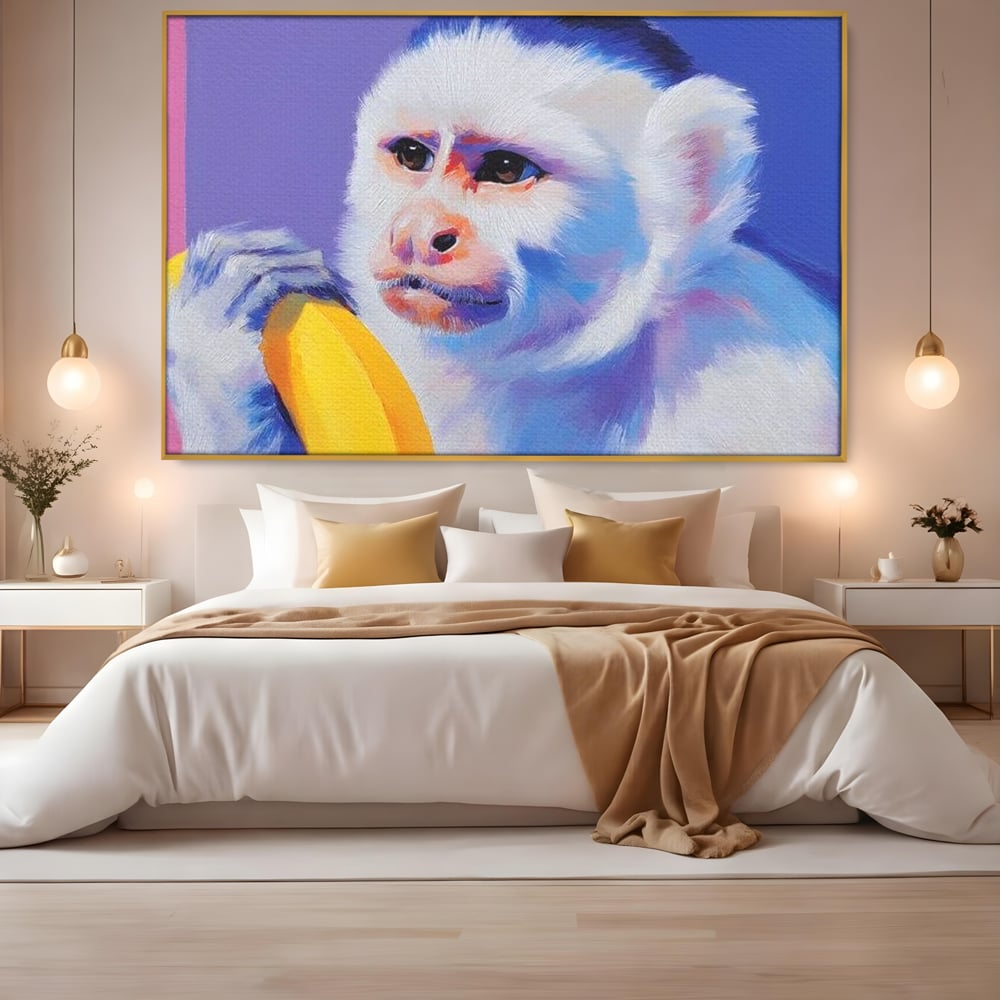 Tablou Canvas Premium, LuxCanva® M1326, Maimutica cu Gust, Banana, Fruct, Pastel, Maimuta, Pop Art, Urban, Funky, Abstract, Primata, Animal, Salbaticie, Birou, Living, Camera Copil