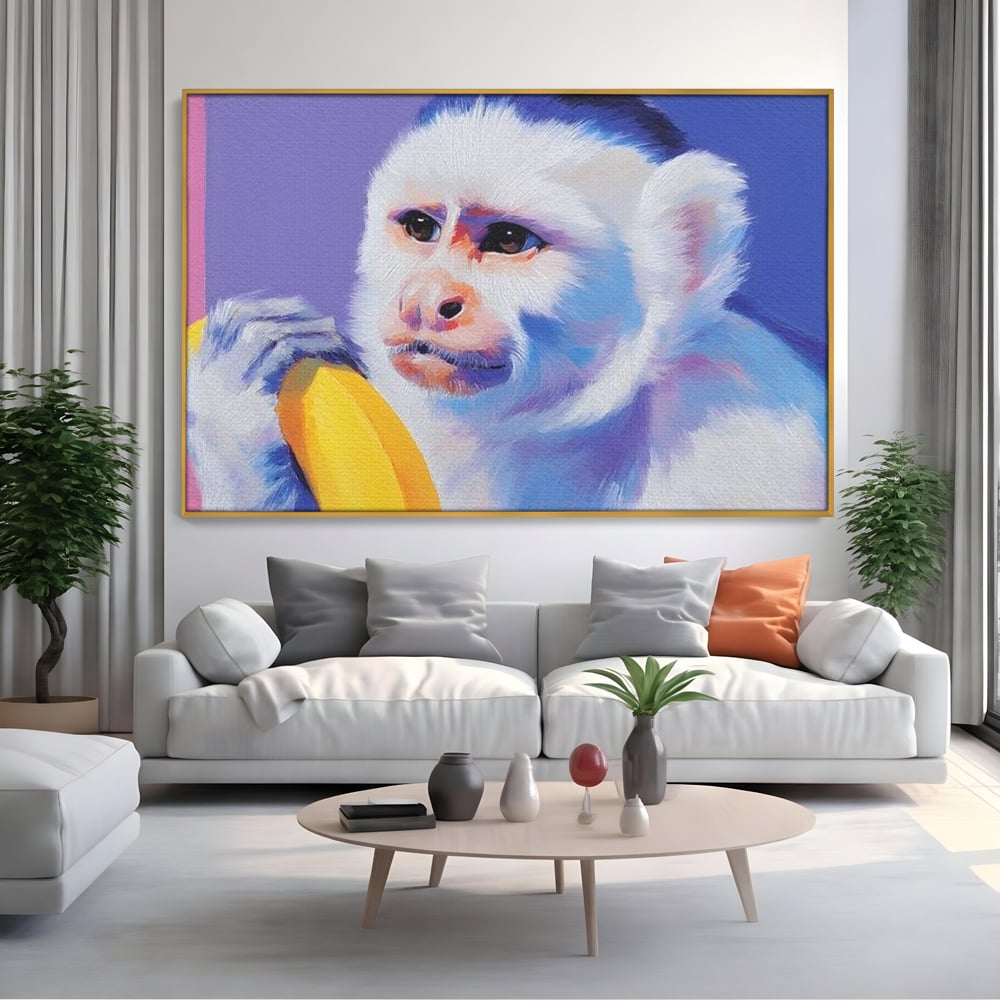 Tablou Canvas Premium, LuxCanva® M1326, Maimutica cu Gust, Banana, Fruct, Pastel, Maimuta, Pop Art, Urban, Funky, Abstract, Primata, Animal, Salbaticie, Birou, Living, Camera Copil