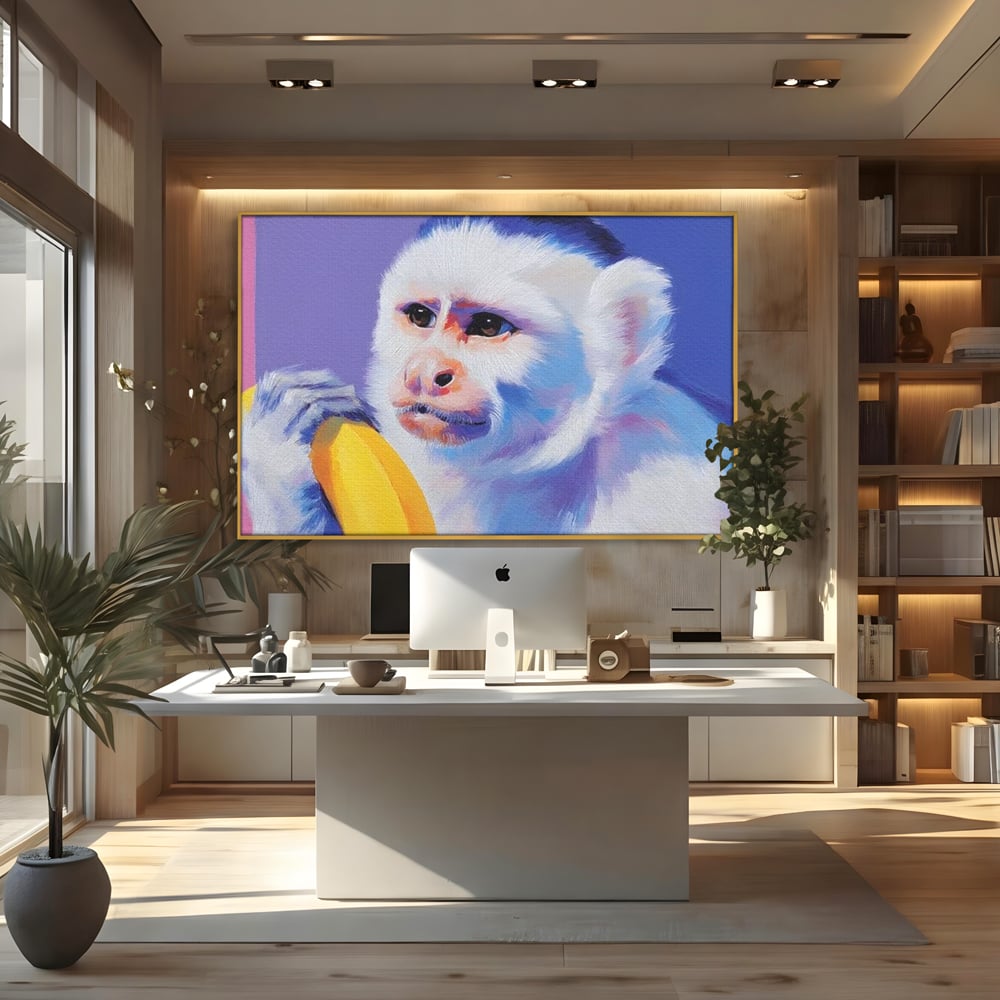 Tablou Canvas Premium, LuxCanva® M1326, Maimutica cu Gust, Banana, Fruct, Pastel, Maimuta, Pop Art, Urban, Funky, Abstract, Primata, Animal, Salbaticie, Birou, Living, Camera Copil