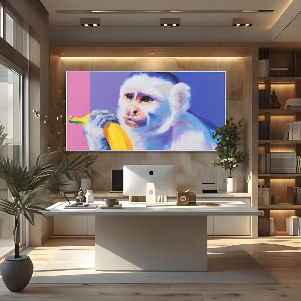Tablou Canvas Premium, LuxCanva® M1326, Maimutica cu Gust, Banana, Fruct, Pastel, Maimuta, Pop Art, Urban, Funky, Abstract, Primata, Animal, Salbaticie, Birou, Living, Camera Copil