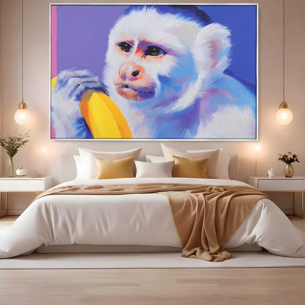 Tablou Canvas Premium, LuxCanva® M1326, Maimutica cu Gust, Banana, Fruct, Pastel, Maimuta, Pop Art, Urban, Funky, Abstract, Primata, Animal, Salbaticie, Birou, Living, Camera Copil