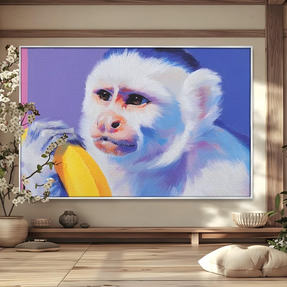 Tablou Canvas Premium, LuxCanva® M1326, Maimutica cu Gust, Banana, Fruct, Pastel, Maimuta, Pop Art, Urban, Funky, Abstract, Primata, Animal, Salbaticie, Birou, Living, Camera Copil
