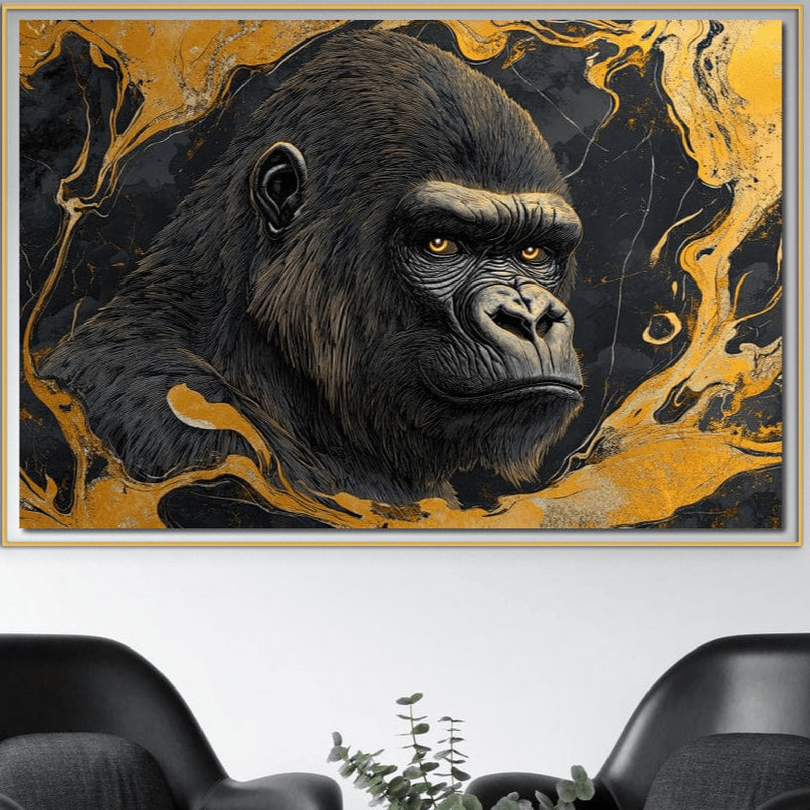 Leinwand Premium Canvas Wandkunst, LuxCanva® M1327, Uraltes Echo, Gorilla, Primat, Kraft, Goldener, Blick, Imposant, Imposant, Abstrakte Kunst, Gemälde, Bestie, Dominant, Büro, Wohnzimmer, Kinderzimmer