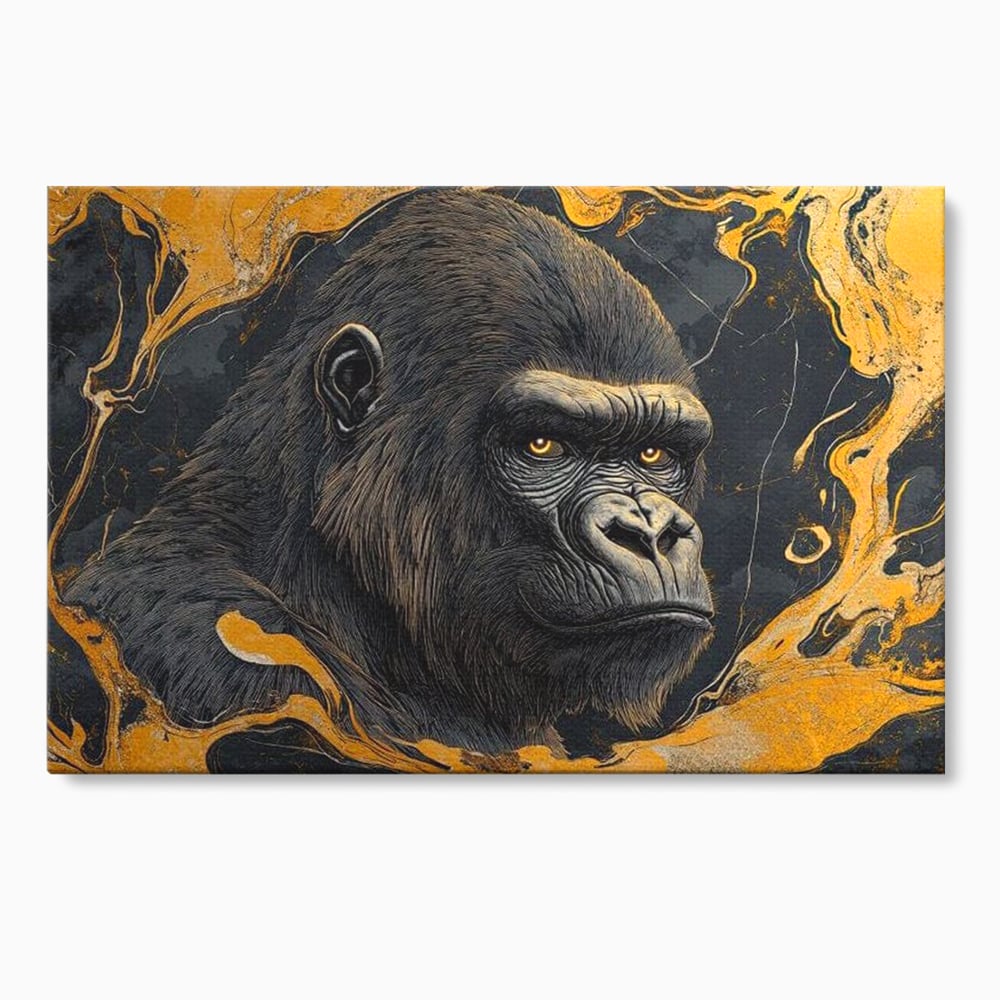 Tablou Canvas Premium, LuxCanva® M1327, Ecou Stravechi, Gorila, Primata, Putere, Auriu, Privire, Impunator, Arta Abstracta, Pictura, Bestie, Dominant, Birou, Living, Camera Copil