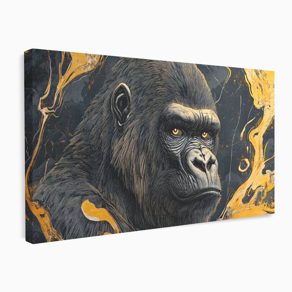 Tablou Canvas Premium, LuxCanva® M1327, Ecou Stravechi, Gorila, Primata, Putere, Auriu, Privire, Impunator, Arta Abstracta, Pictura, Bestie, Dominant, Birou, Living, Camera Copil