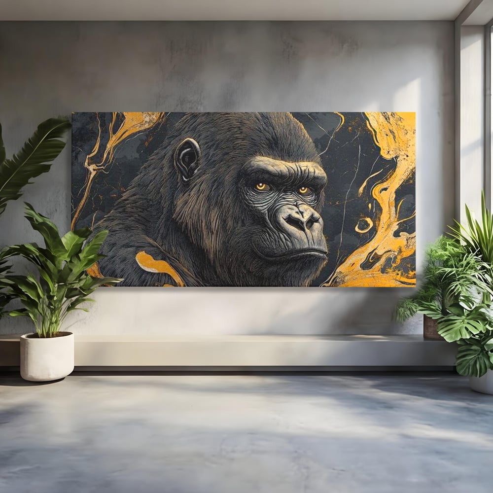 Tablou Canvas Premium, LuxCanva® M1327, Ecou Stravechi, Gorila, Primata, Putere, Auriu, Privire, Impunator, Arta Abstracta, Pictura, Bestie, Dominant, Birou, Living, Camera Copil