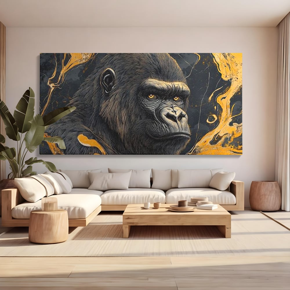 Tablou Canvas Premium, LuxCanva® M1327, Ecou Stravechi, Gorila, Primata, Putere, Auriu, Privire, Impunator, Arta Abstracta, Pictura, Bestie, Dominant, Birou, Living, Camera Copil
