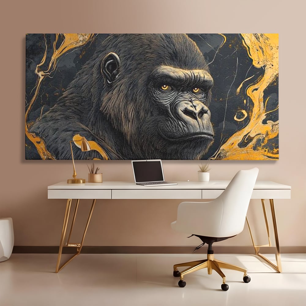 Tablou Canvas Premium, LuxCanva® M1327, Ecou Stravechi, Gorila, Primata, Putere, Auriu, Privire, Impunator, Arta Abstracta, Pictura, Bestie, Dominant, Birou, Living, Camera Copil