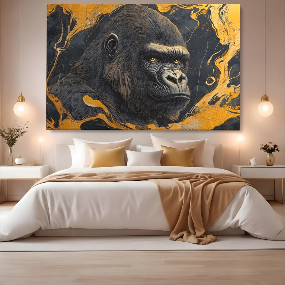 Tablou Canvas Premium, LuxCanva® M1327, Ecou Stravechi, Gorila, Primata, Putere, Auriu, Privire, Impunator, Arta Abstracta, Pictura, Bestie, Dominant, Birou, Living, Camera Copil