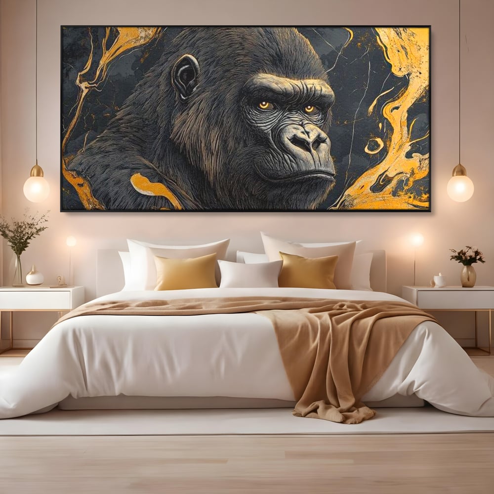 Tablou Canvas Premium, LuxCanva® M1327, Ecou Stravechi, Gorila, Primata, Putere, Auriu, Privire, Impunator, Arta Abstracta, Pictura, Bestie, Dominant, Birou, Living, Camera Copil