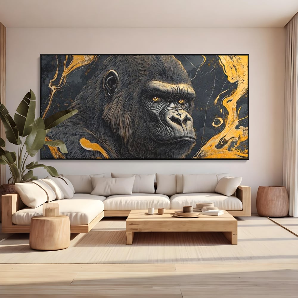 Tablou Canvas Premium, LuxCanva® M1327, Ecou Stravechi, Gorila, Primata, Putere, Auriu, Privire, Impunator, Arta Abstracta, Pictura, Bestie, Dominant, Birou, Living, Camera Copil
