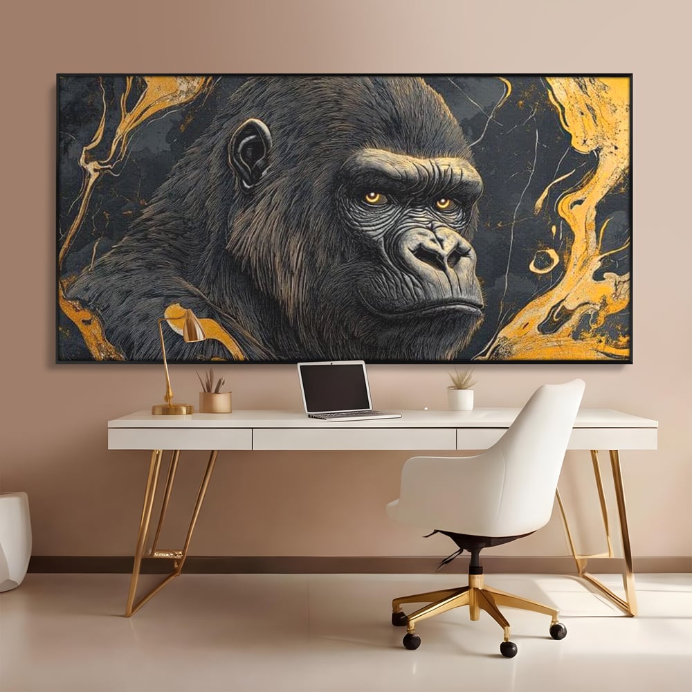 Tablou Canvas Premium, LuxCanva® M1327, Ecou Stravechi, Gorila, Primata, Putere, Auriu, Privire, Impunator, Arta Abstracta, Pictura, Bestie, Dominant, Birou, Living, Camera Copil