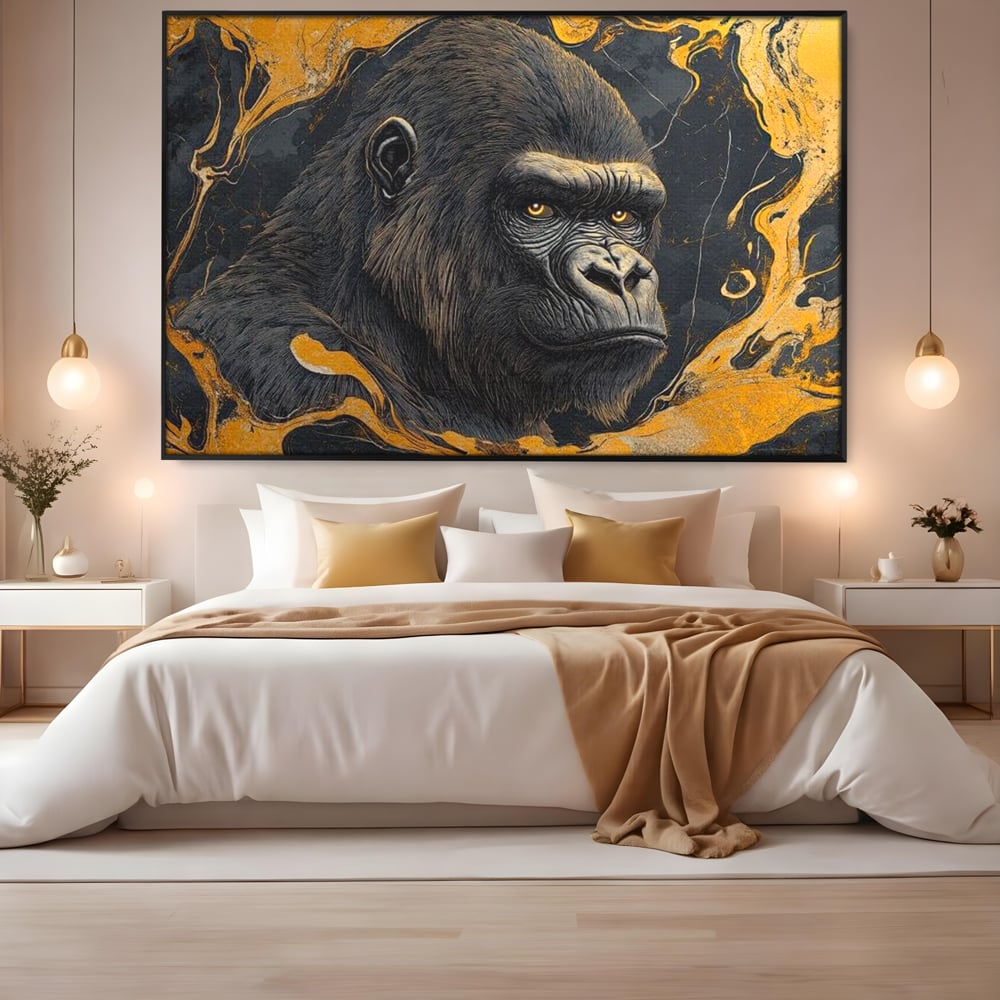Tablou Canvas Premium, LuxCanva® M1327, Ecou Stravechi, Gorila, Primata, Putere, Auriu, Privire, Impunator, Arta Abstracta, Pictura, Bestie, Dominant, Birou, Living, Camera Copil