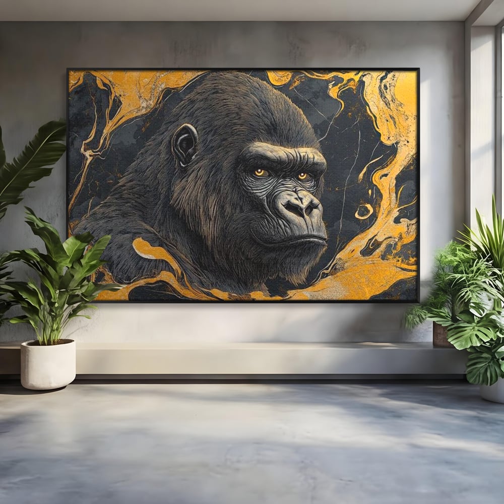 Tablou Canvas Premium, LuxCanva® M1327, Ecou Stravechi, Gorila, Primata, Putere, Auriu, Privire, Impunator, Arta Abstracta, Pictura, Bestie, Dominant, Birou, Living, Camera Copil