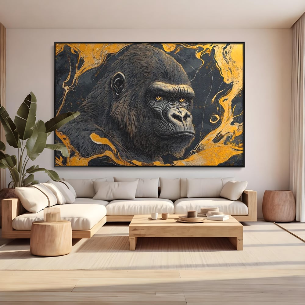 Tablou Canvas Premium, LuxCanva® M1327, Ecou Stravechi, Gorila, Primata, Putere, Auriu, Privire, Impunator, Arta Abstracta, Pictura, Bestie, Dominant, Birou, Living, Camera Copil