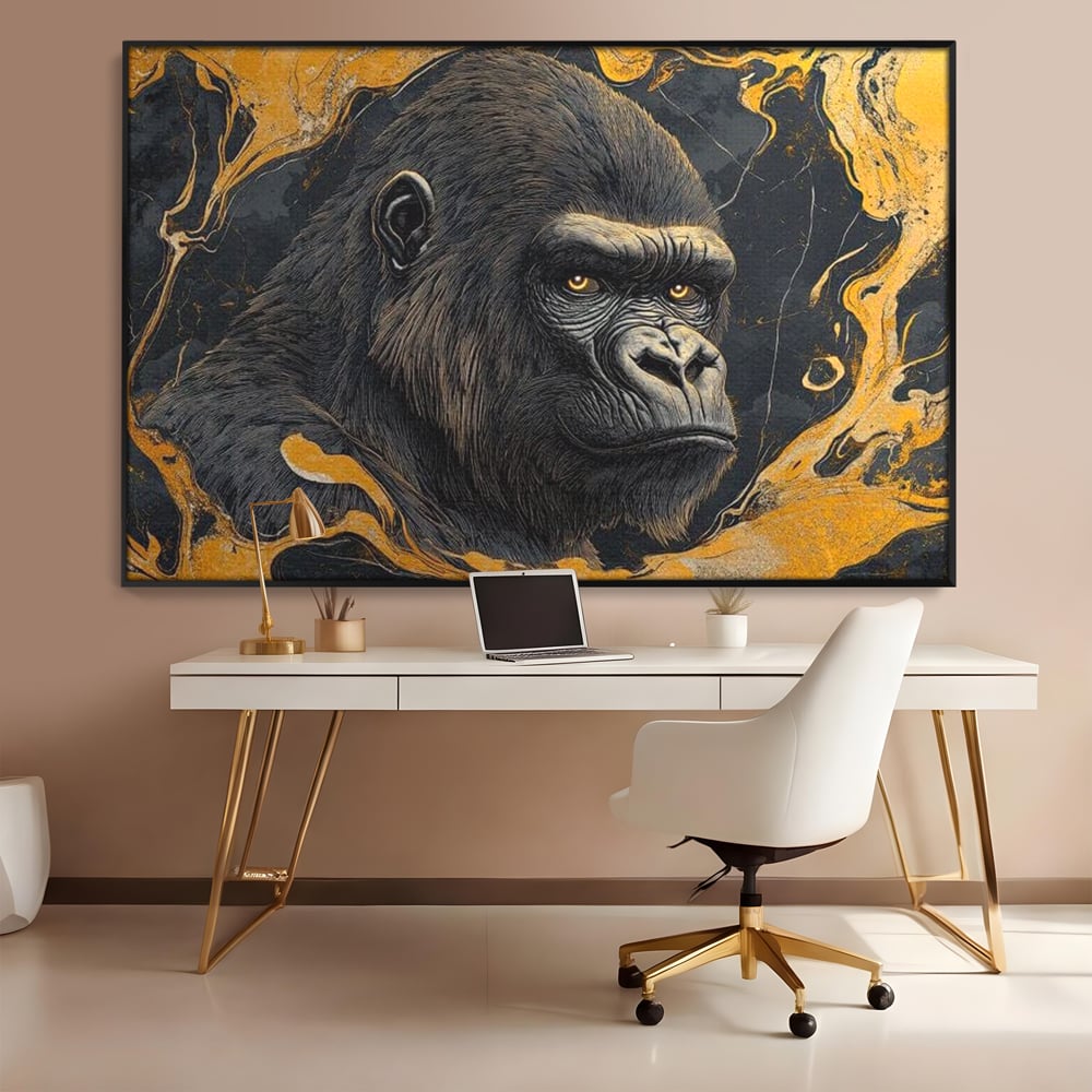 Tablou Canvas Premium, LuxCanva® M1327, Ecou Stravechi, Gorila, Primata, Putere, Auriu, Privire, Impunator, Arta Abstracta, Pictura, Bestie, Dominant, Birou, Living, Camera Copil