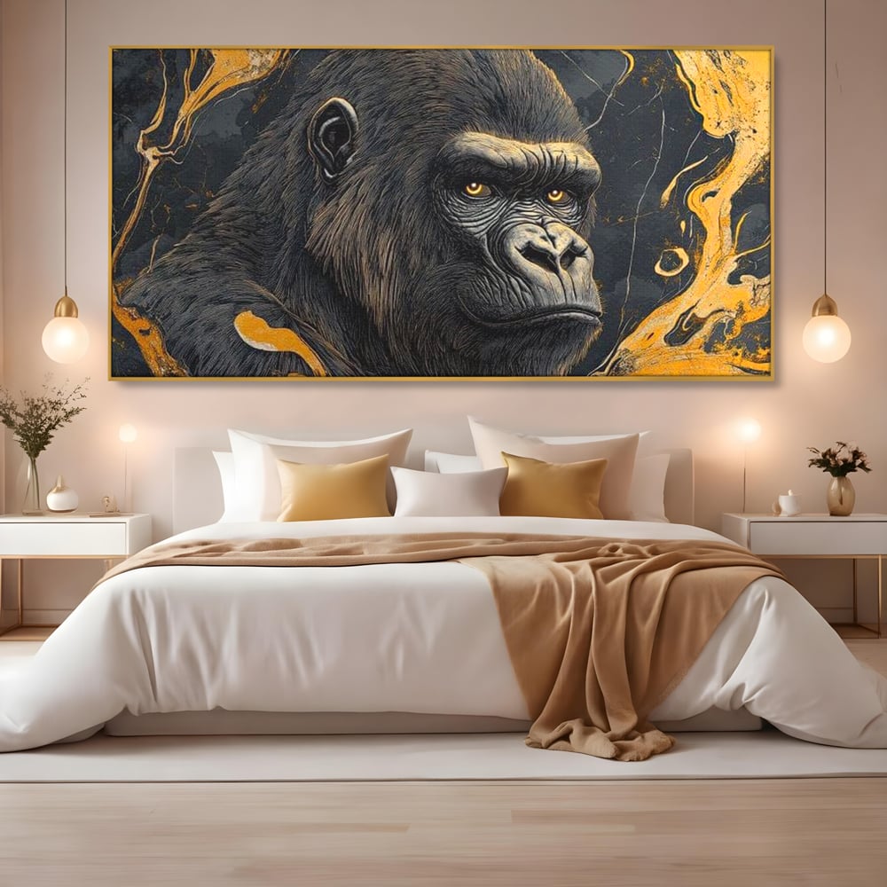 Tablou Canvas Premium, LuxCanva® M1327, Ecou Stravechi, Gorila, Primata, Putere, Auriu, Privire, Impunator, Arta Abstracta, Pictura, Bestie, Dominant, Birou, Living, Camera Copil