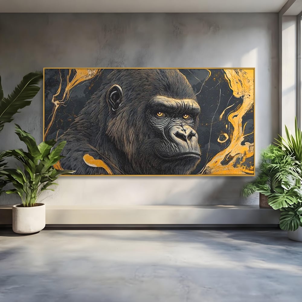 Tablou Canvas Premium, LuxCanva® M1327, Ecou Stravechi, Gorila, Primata, Putere, Auriu, Privire, Impunator, Arta Abstracta, Pictura, Bestie, Dominant, Birou, Living, Camera Copil
