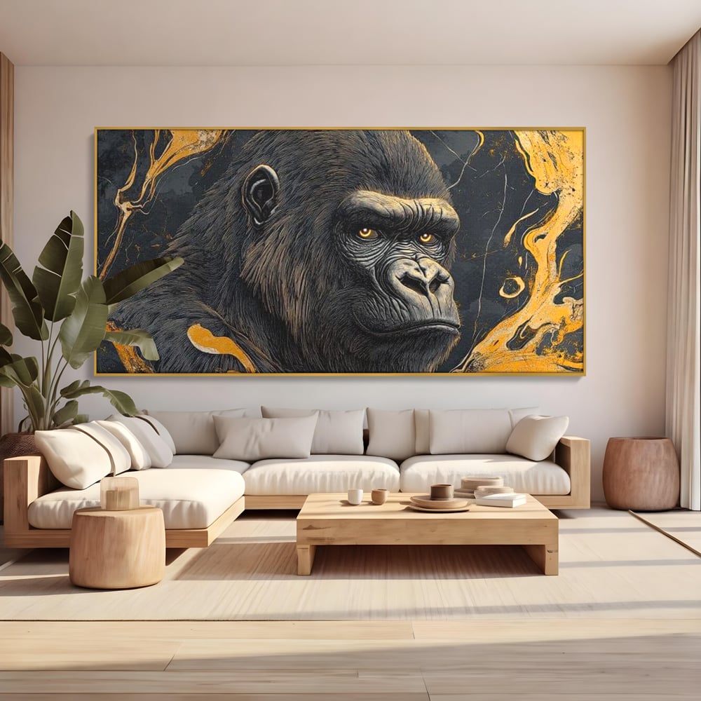 Tablou Canvas Premium, LuxCanva® M1327, Ecou Stravechi, Gorila, Primata, Putere, Auriu, Privire, Impunator, Arta Abstracta, Pictura, Bestie, Dominant, Birou, Living, Camera Copil