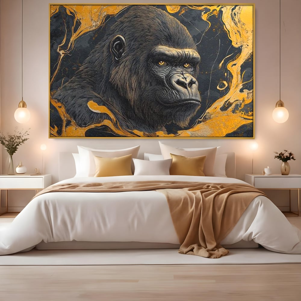 Tablou Canvas Premium, LuxCanva® M1327, Ecou Stravechi, Gorila, Primata, Putere, Auriu, Privire, Impunator, Arta Abstracta, Pictura, Bestie, Dominant, Birou, Living, Camera Copil