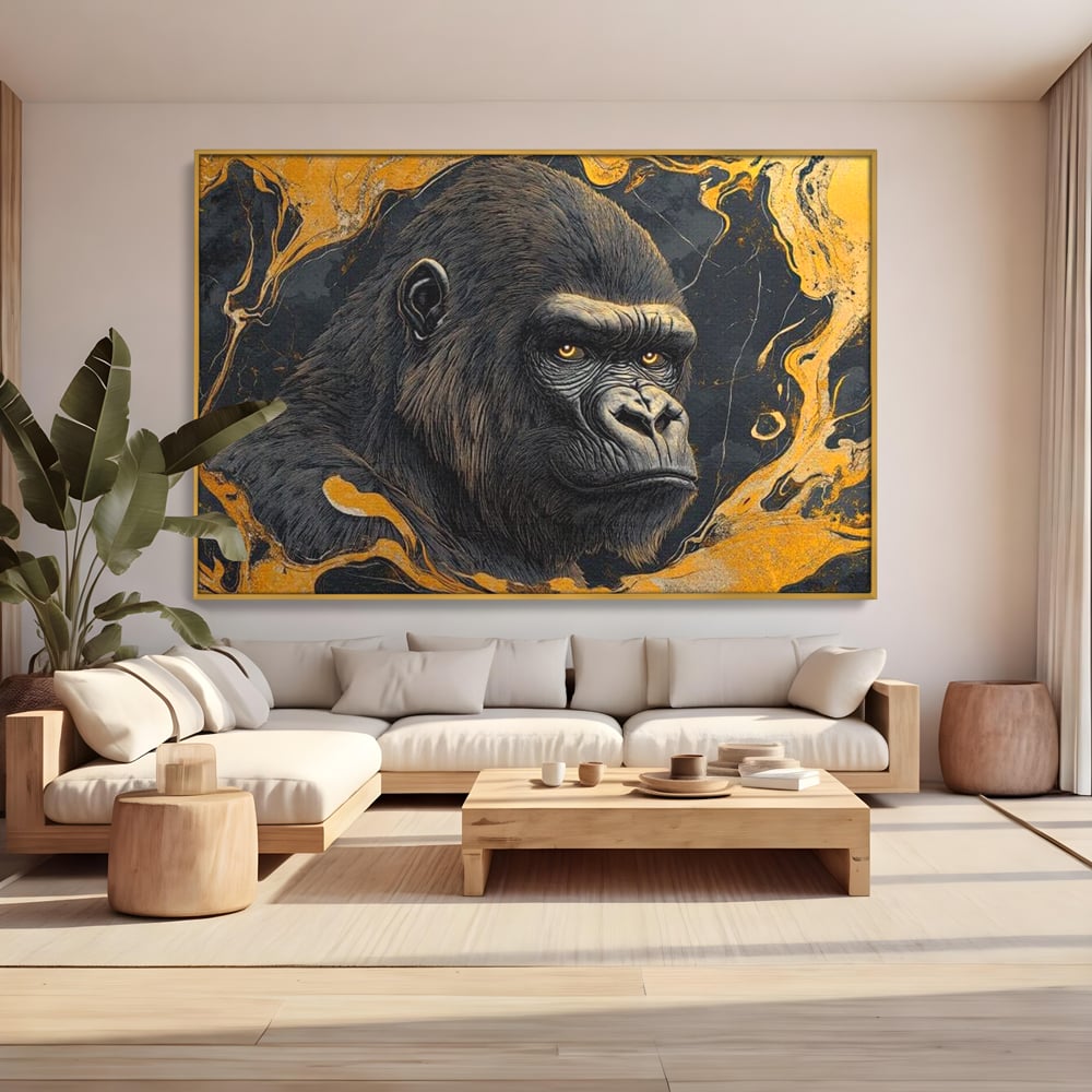 Tablou Canvas Premium, LuxCanva® M1327, Ecou Stravechi, Gorila, Primata, Putere, Auriu, Privire, Impunator, Arta Abstracta, Pictura, Bestie, Dominant, Birou, Living, Camera Copil