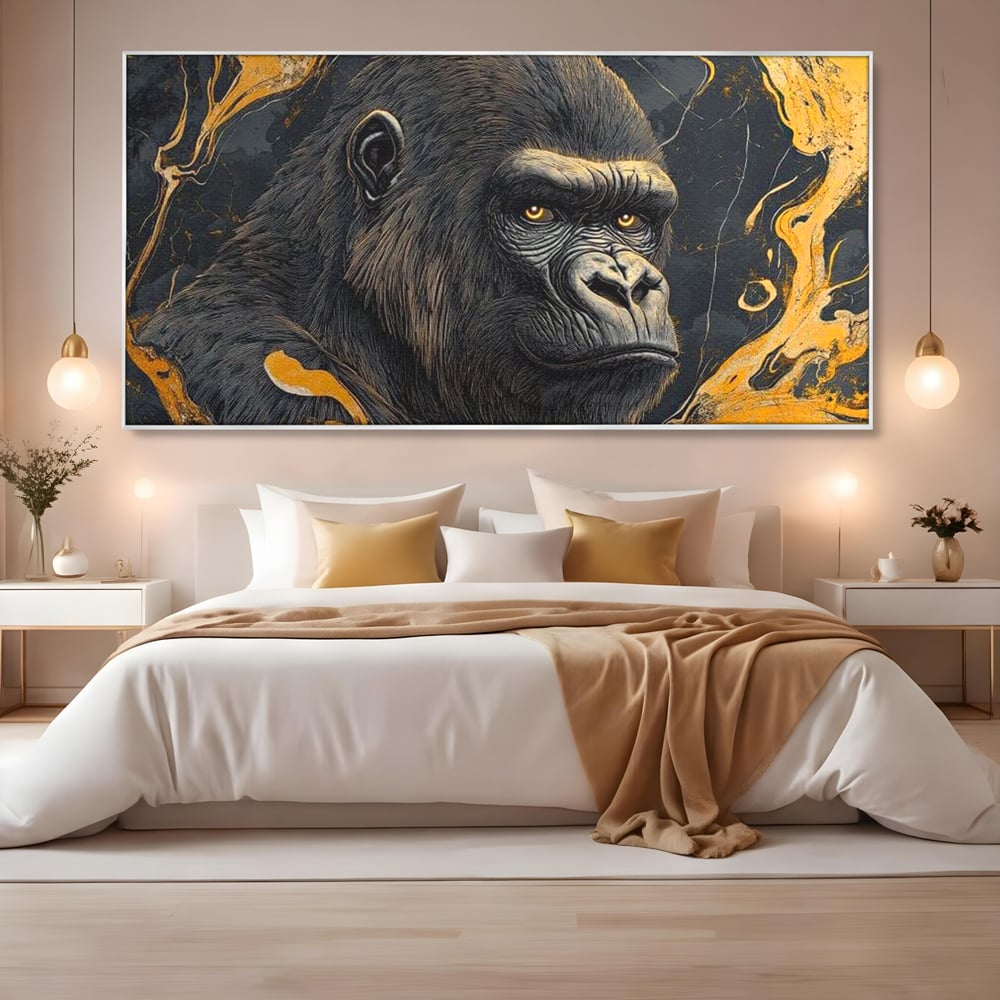 Tablou Canvas Premium, LuxCanva® M1327, Ecou Stravechi, Gorila, Primata, Putere, Auriu, Privire, Impunator, Arta Abstracta, Pictura, Bestie, Dominant, Birou, Living, Camera Copil
