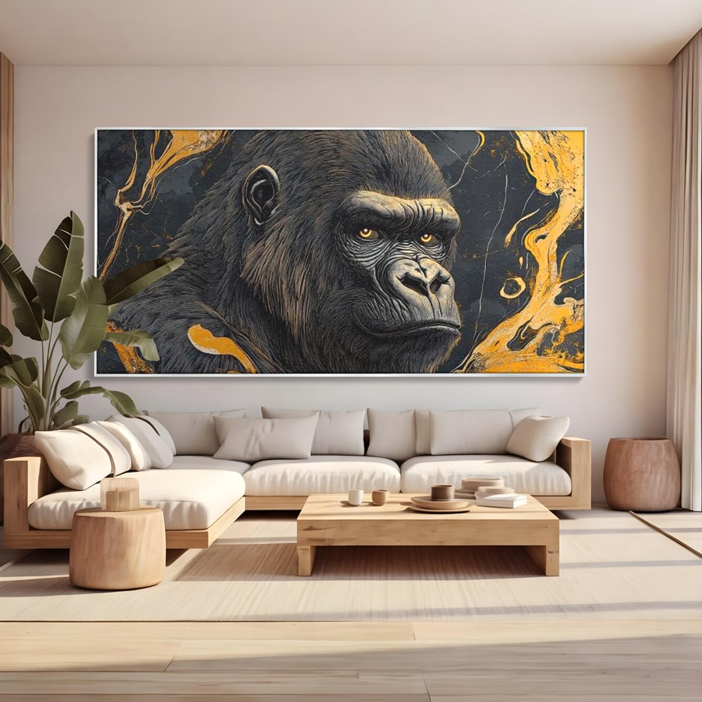 Tablou Canvas Premium, LuxCanva® M1327, Ecou Stravechi, Gorila, Primata, Putere, Auriu, Privire, Impunator, Arta Abstracta, Pictura, Bestie, Dominant, Birou, Living, Camera Copil